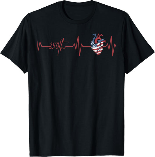 Heartbeat 250th Celebration American Flag Design T-Shirt - T-Shirt | Black