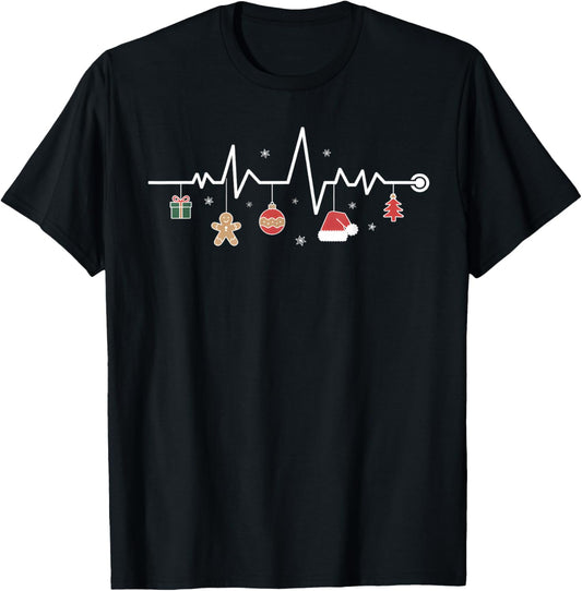 Christmas Tree Heartbeat Funny Nurse T-Shirt - T-Shirt | Black
