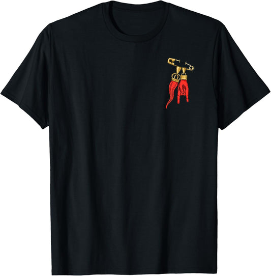 Italian Charm Safety Pin with Cornicello Horn & Mano Cornuto T-Shirt - T-Shirt | Black