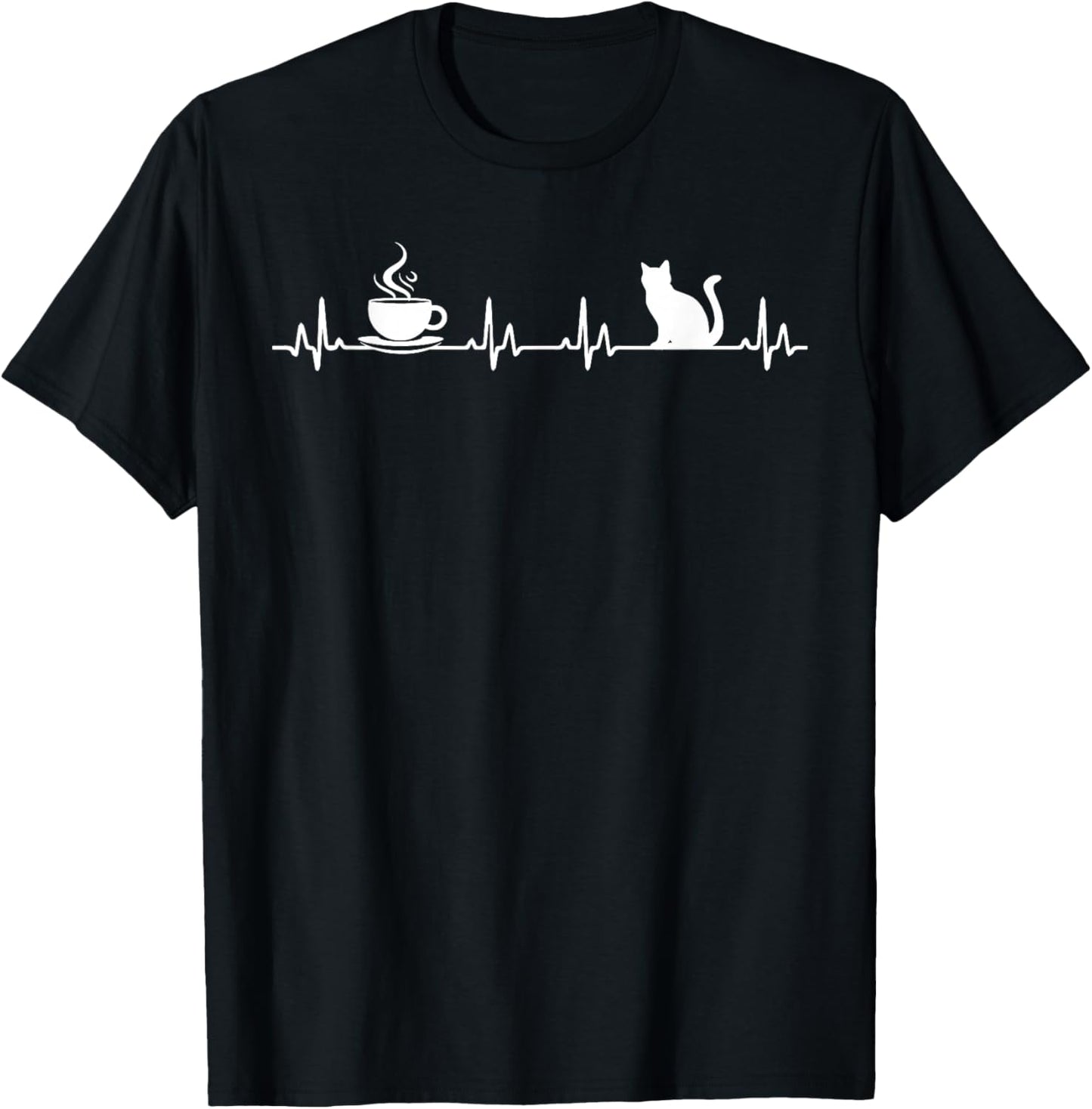 cat Coffee Lovers Heartbeat T-Shirt - T-Shirt | Black