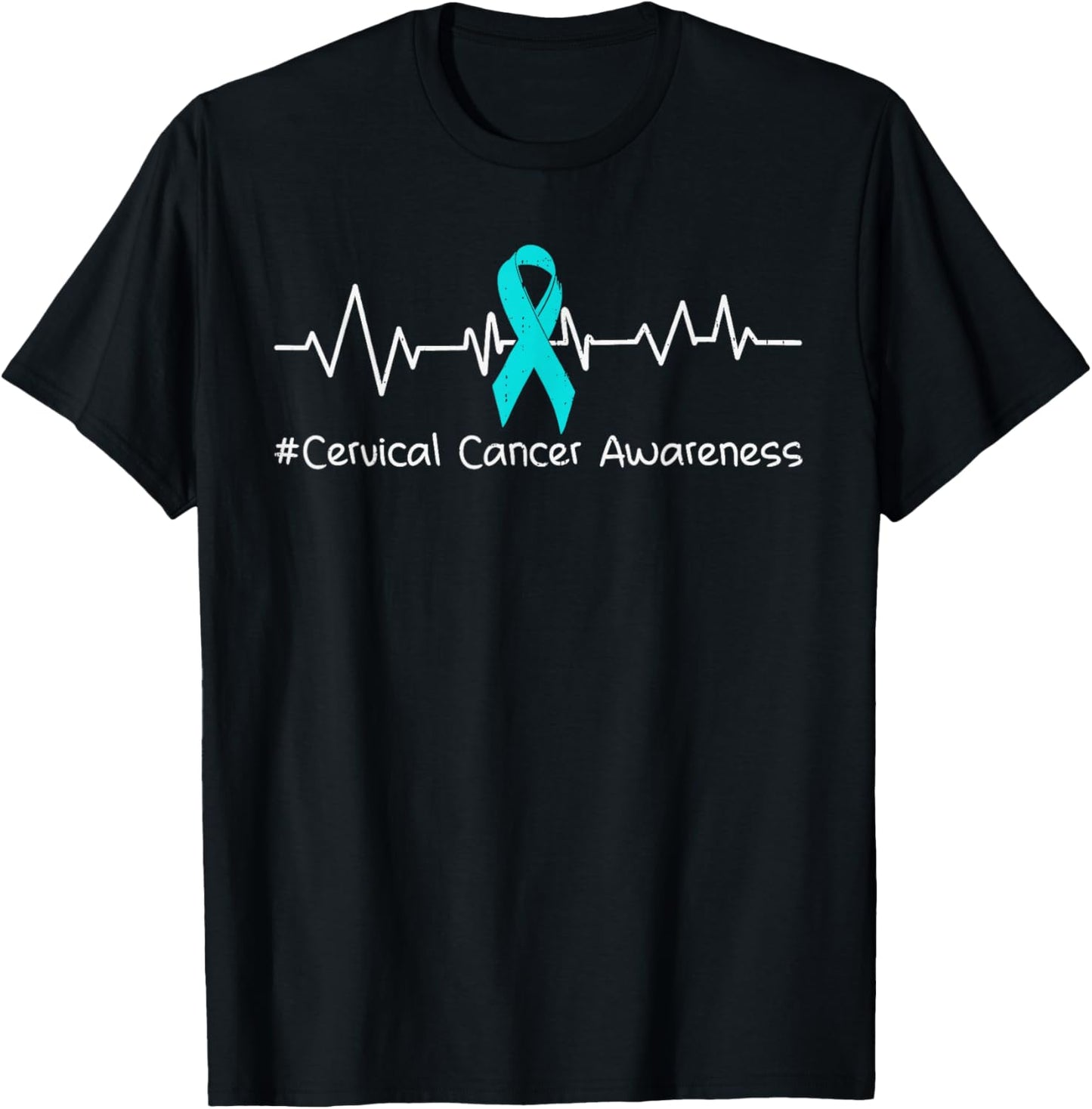 Cervical Cancer Awareness Heartbeat Ribbon Teal T-Shirt - T-Shirt | Black