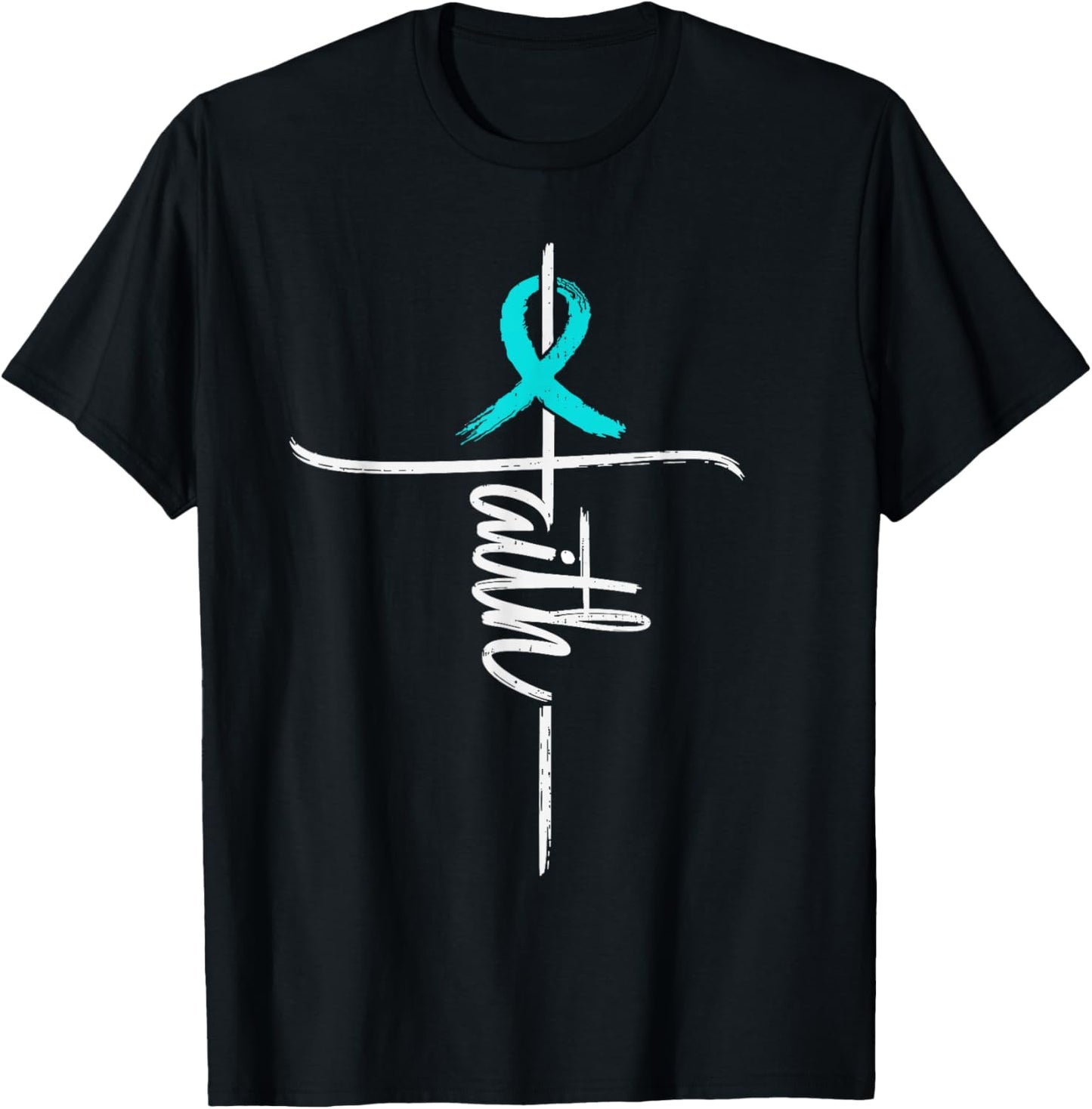 Faith Cross Cervical Cancer Awareness Christian Ribbon Teal T-Shirt - T-Shirt | Black