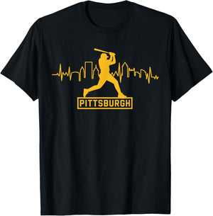 Pittsburgh Lovers Skyline Retro Baseball Heartbeat Men Women T-Shirt - T-Shirt | Black