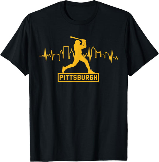 Pittsburgh Lovers Skyline Retro Baseball Heartbeat Men Women T-Shirt - T-Shirt | Black
