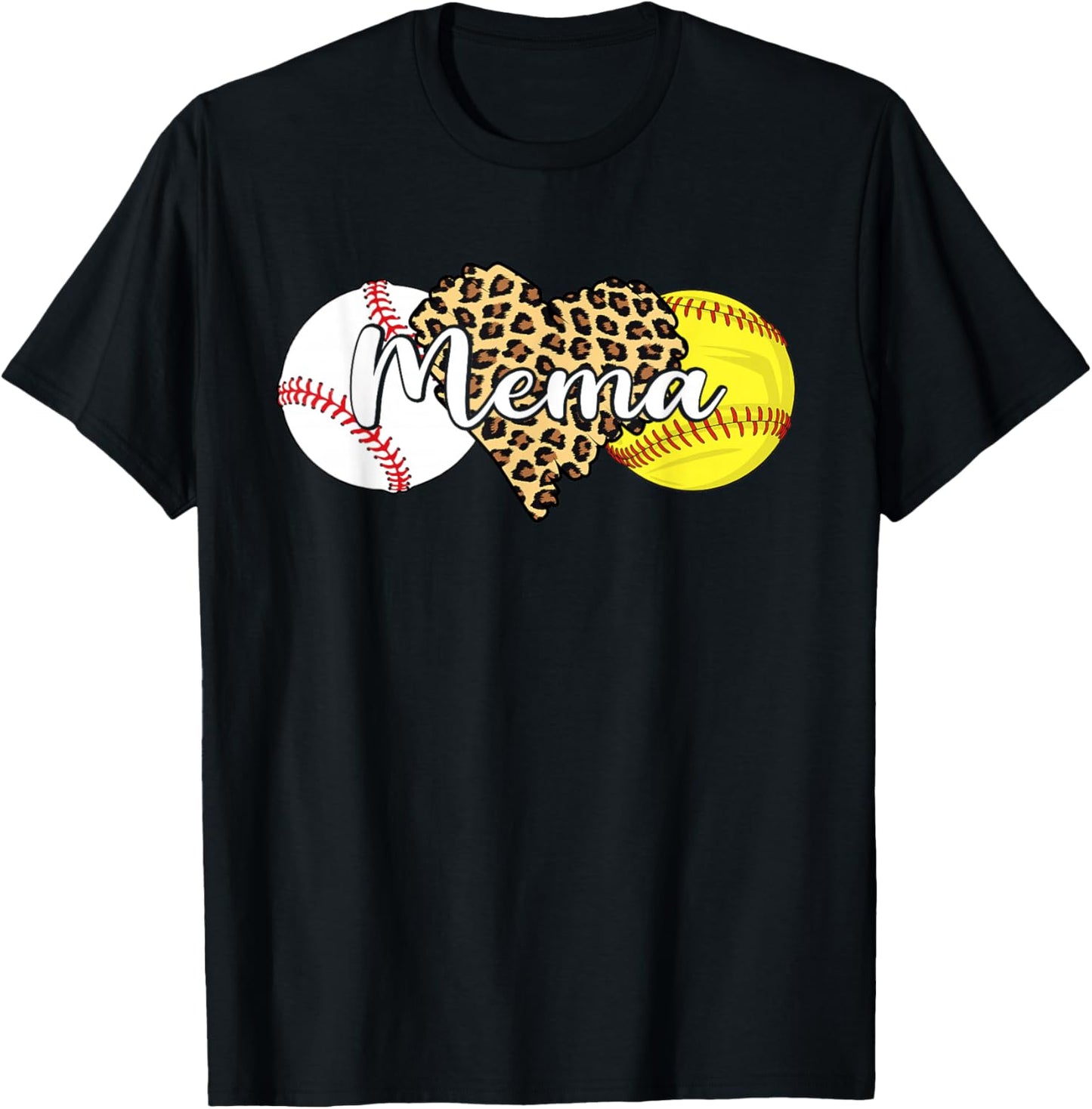 Mema Baseball Softball Leopard Heart Ball Mema T-Shirt - T-Shirt | Black
