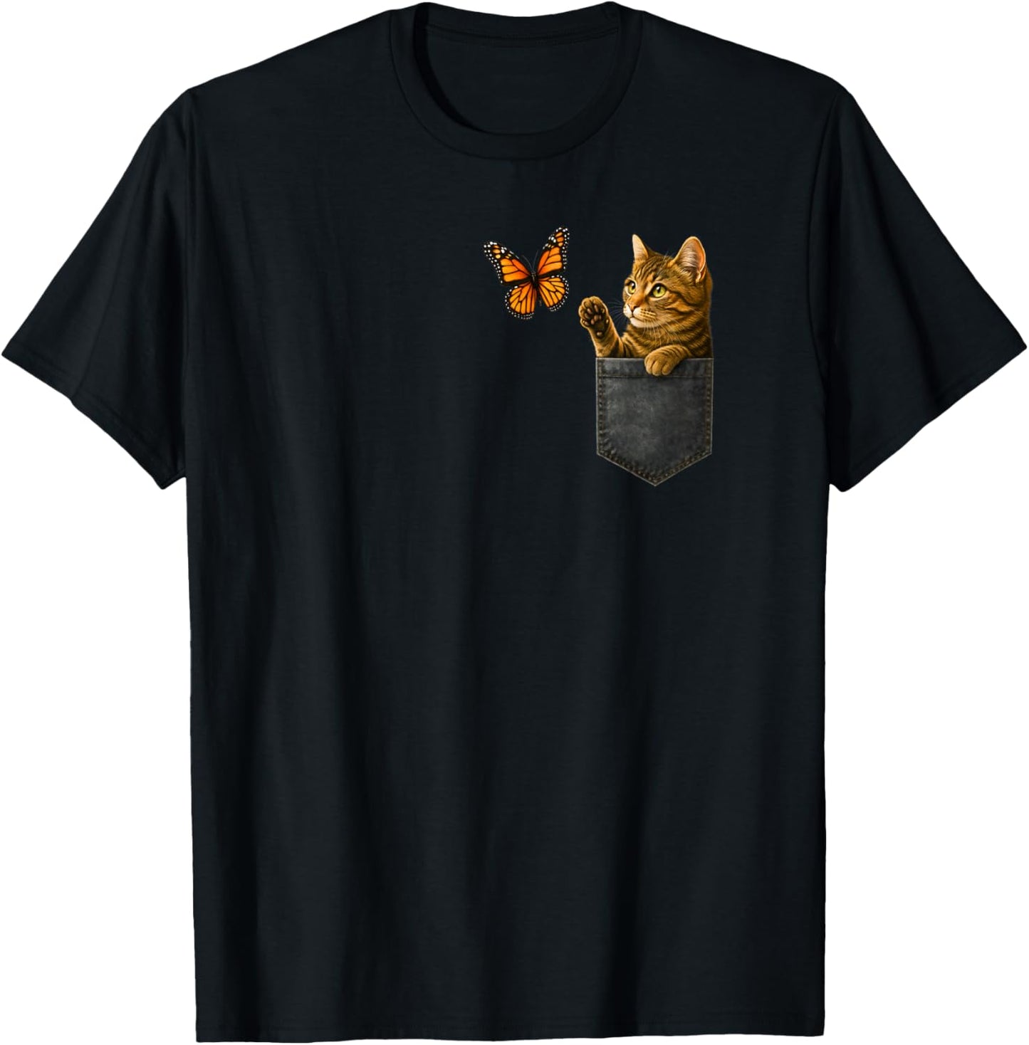 Funny Cat Playing with Butterfly Cat in Pocket Woman Girls T-Shirt - T-Shirt | Black