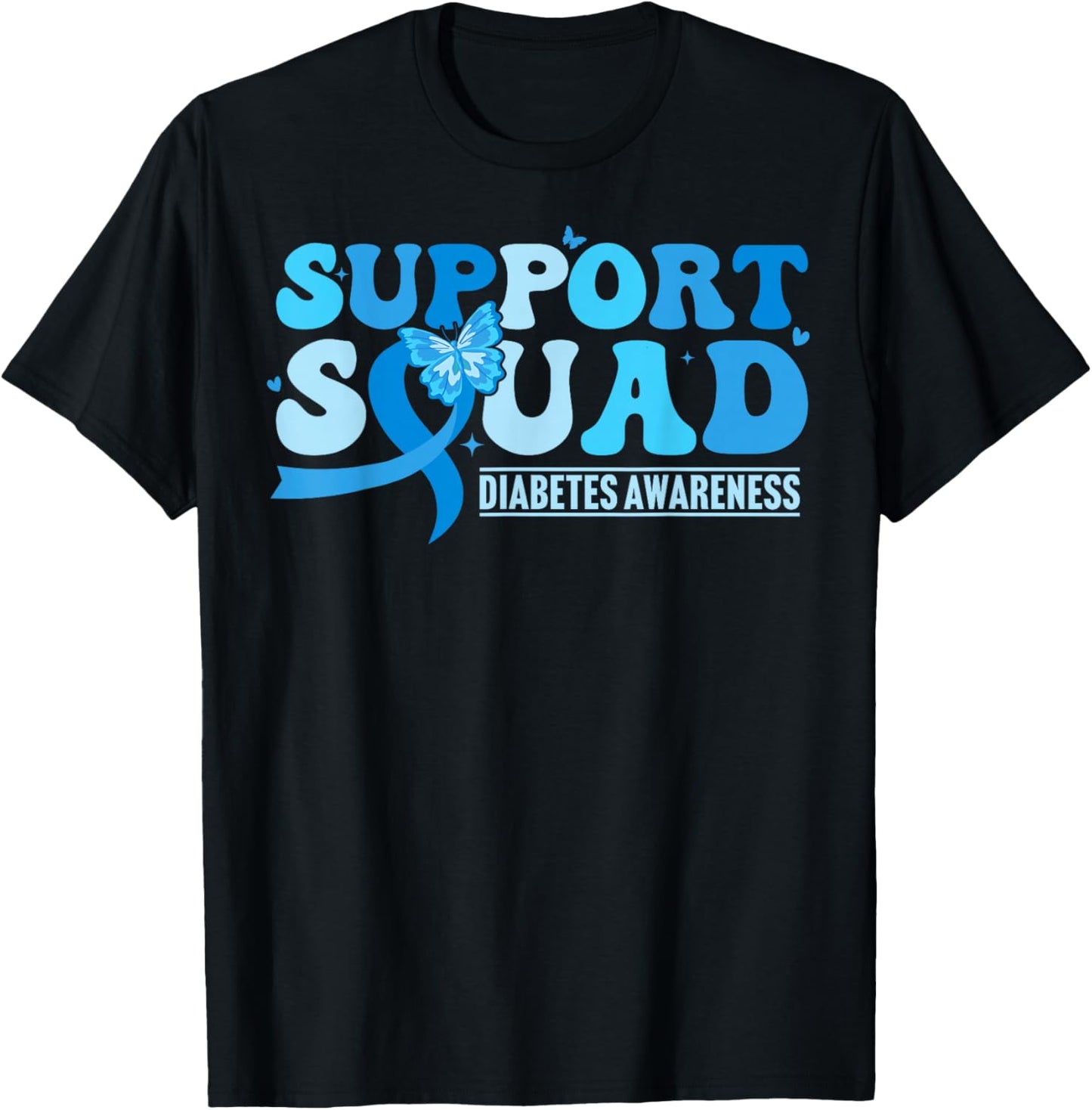 Diabetes Awareness Support Squad T1D Blue Butterfly Ribbon T-Shirt - T-Shirt | Black