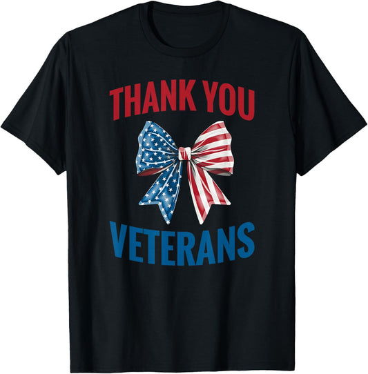 Patriotic USA Flag Coquette Bow Thank You Veterans Women Kid T-Shirt - T-Shirt | Black