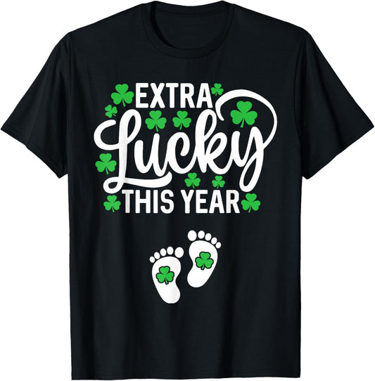 Extra Lucky This Year St Patricks Day Pregnancy Announcement T-Shirt - T-Shirt | Black