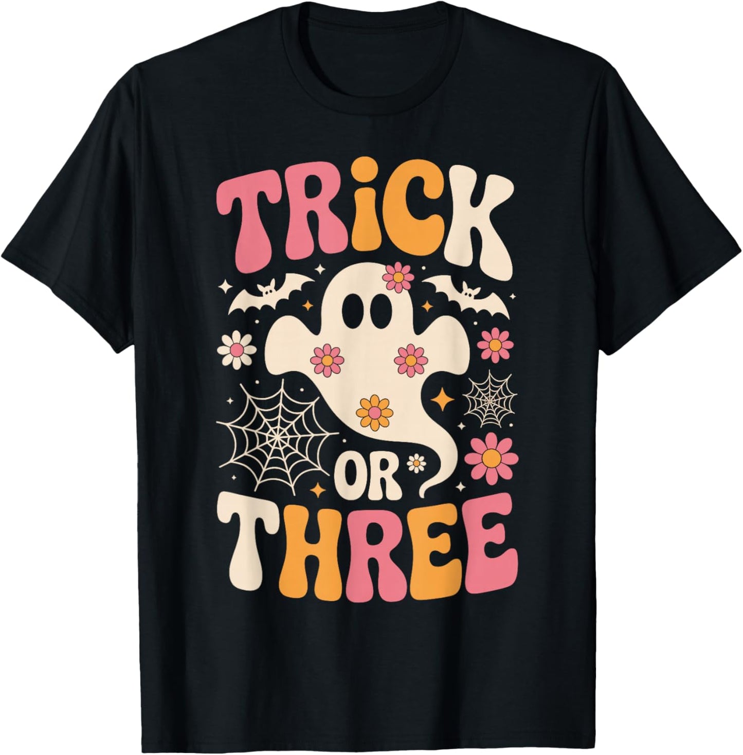 Trick Or Three 3 Years Old Birthday Groovy Ghost Halloween T-Shirt - T-Shirt | Black