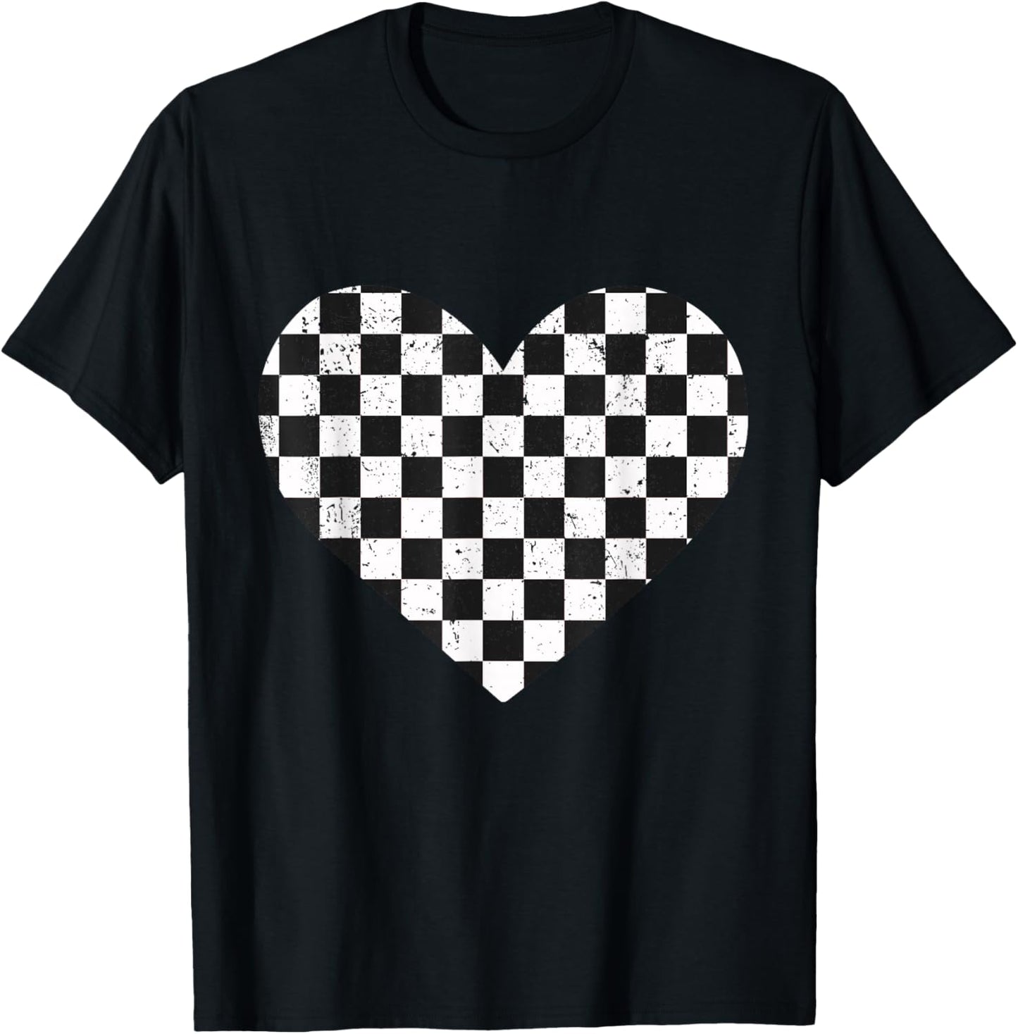 Girls Valentines Heart Silhouette Checkerboard Retro T-Shirt - T-Shirt | Black