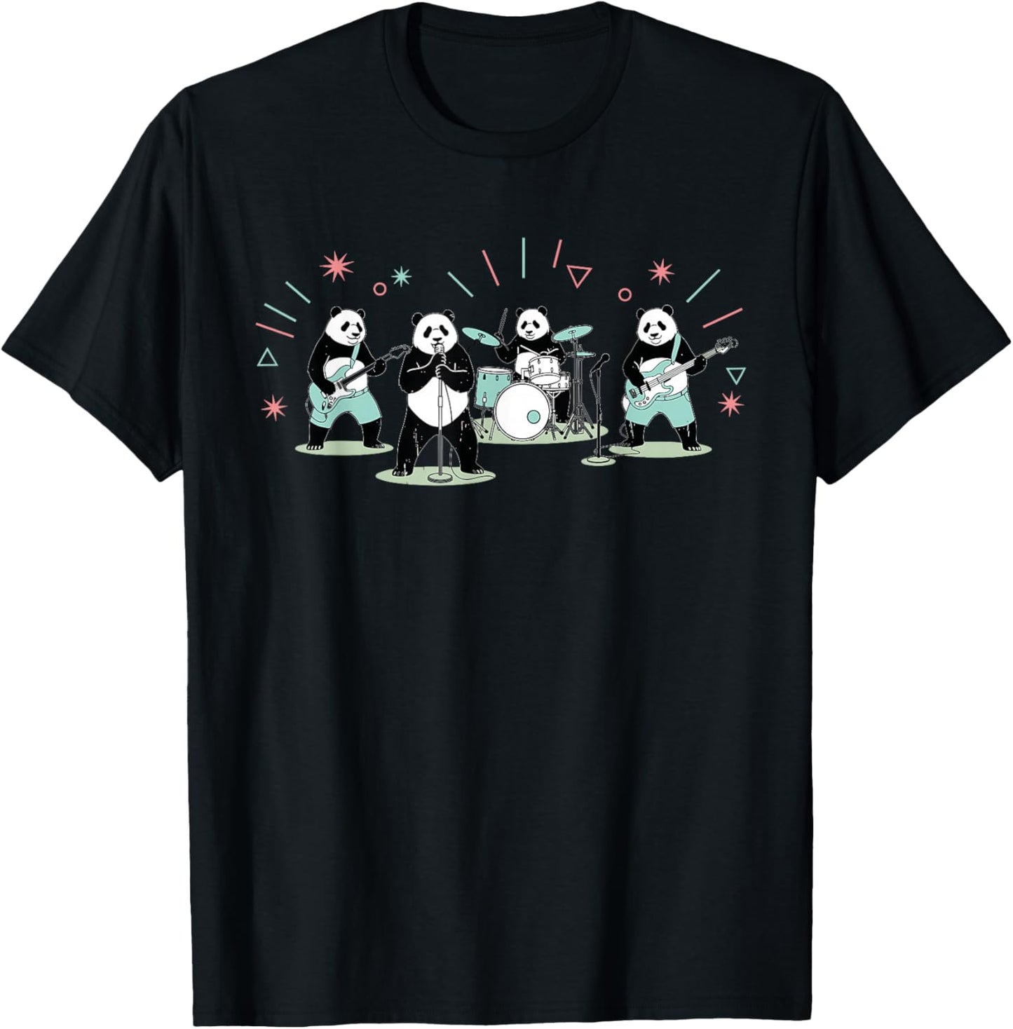 Panda Bears Rock Band Music Electric Bass Guitar Drum Set T-Shirt - T-Shirt | Black