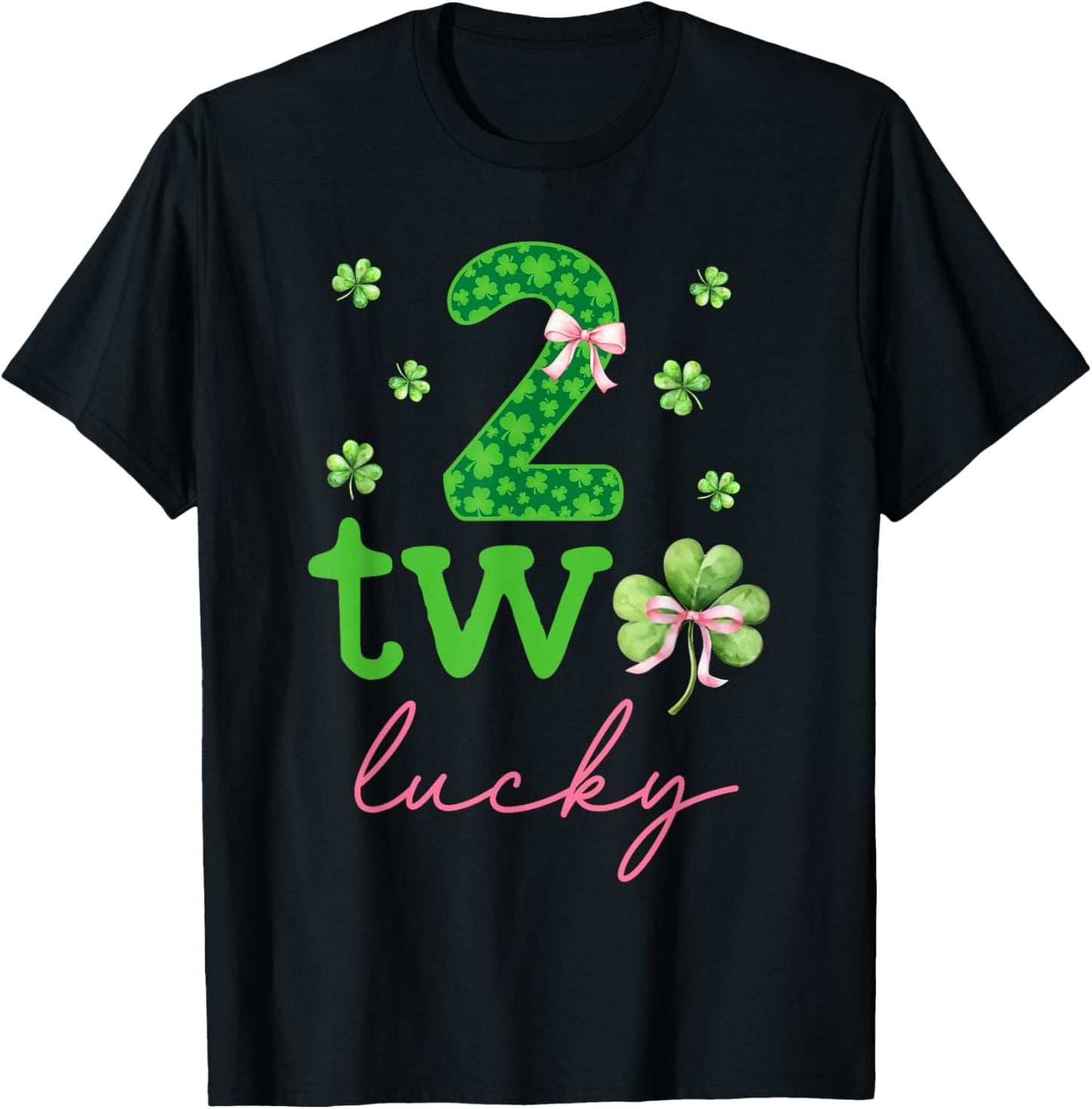 Two Lucky 2 Years Old Birthday Girl Bow 2nd Birthday Party T-Shirt - T-Shirt | Black