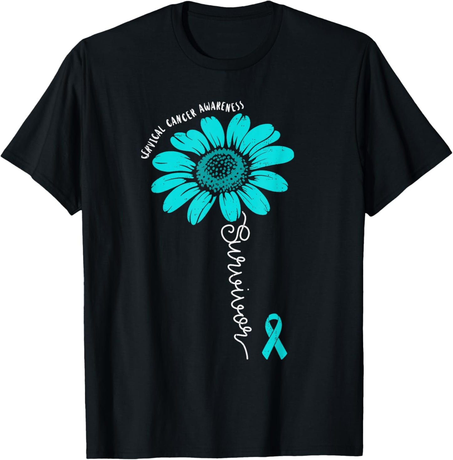 Survivor Cervical Cancer Awareness Sunflower Ribbon Teal T-Shirt - T-Shirt | Black