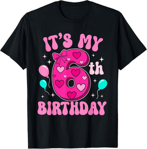 6 Year Old Pink Coquette Bow It's My 6th Birthday Girl T-Shirt - T-Shirt | Black