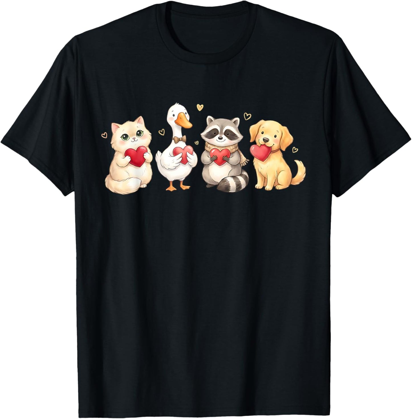 Cute Cat Dog Raccoon Goose Holding Hearts Valentine Lovers T-Shirt - T-Shirt | Black