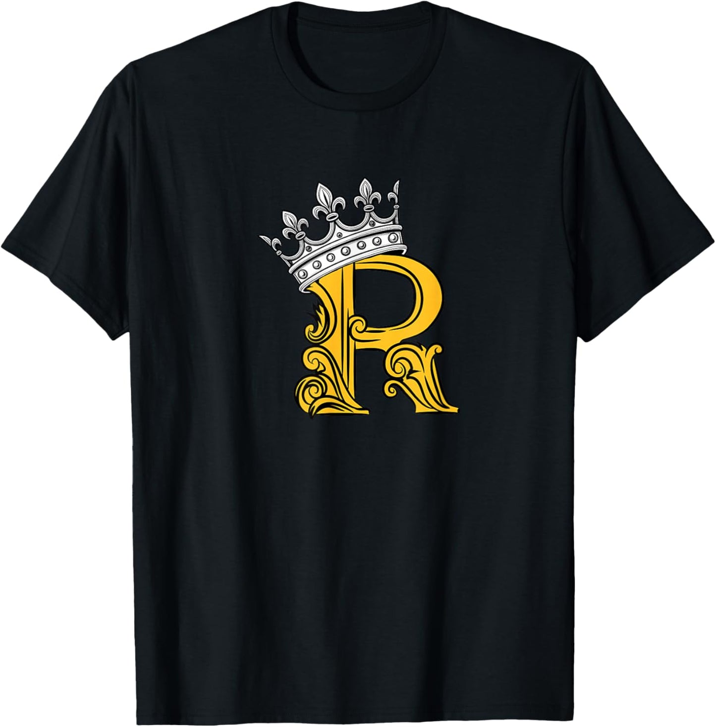 University Varsity-Gold Color Letter R Initial + Crown T-Shirt - T-Shirt | Black