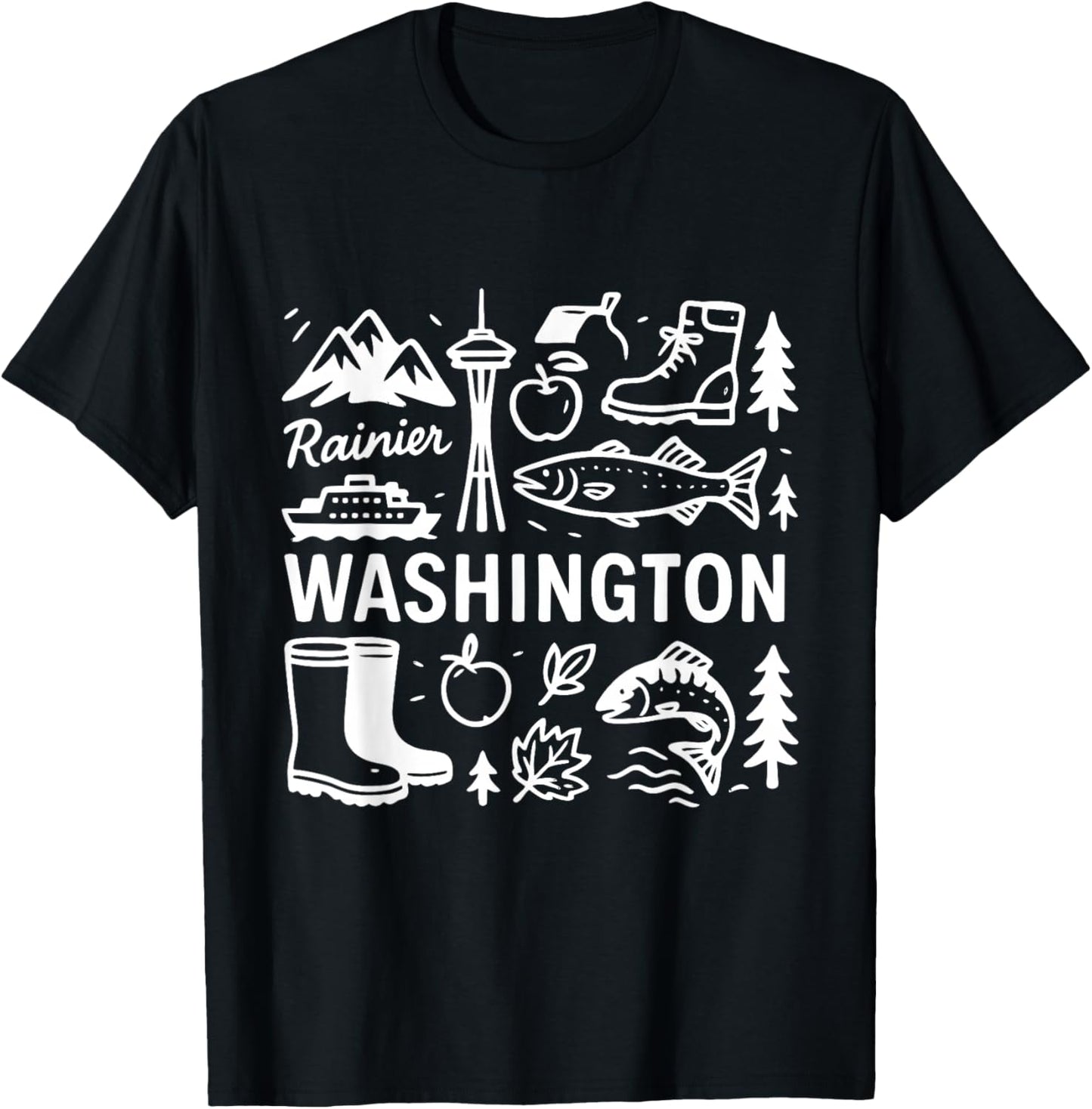 Washington USA State Symbols Vintage Souvenir Cute Doodle T-Shirt - T-Shirt | Black