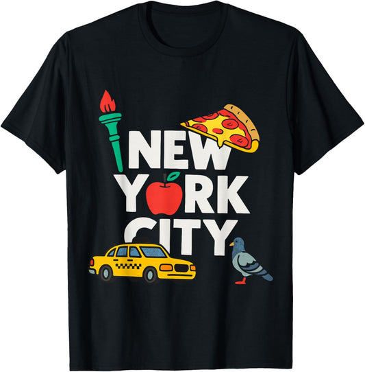 New York City Icons Cartoon Style Kids Trip Travel Souvenir T-Shirt - T-Shirt | Black