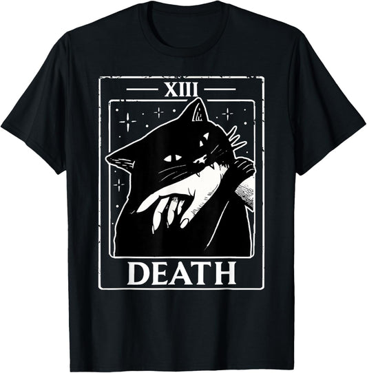 Vintage Black Cat Tarot Card Death Humor Halloween Men Women T-Shirt - T-Shirt | Black