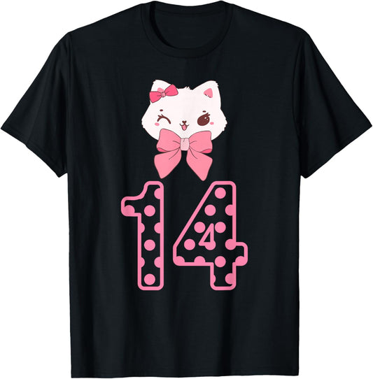14th Birthday Party Girl Coquette Pink Bow Official Teenager T-Shirt - T-Shirt | Black