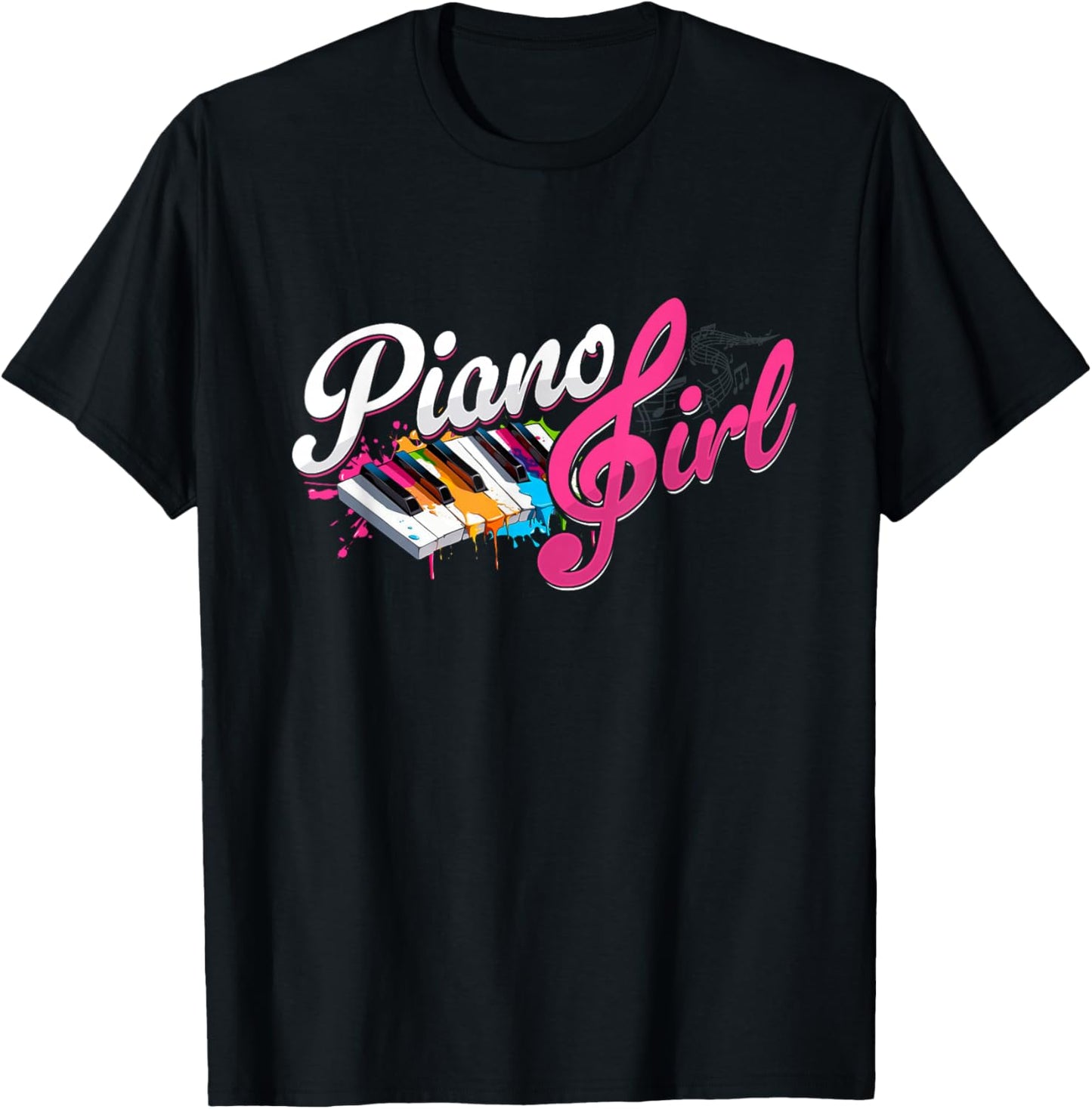 Piano Girl Treble Clef & Colorful Piano Keys T-Shirt - T-Shirt | Black