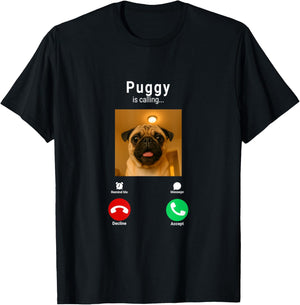 Dank Meme Pug Staring Front Camera Puggy is Calling T-Shirt - T-Shirt | Black