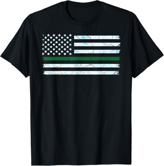 US America Flag Thin Green Line I Support ICE Stand with ICE T-Shirt - T-Shirt | Black