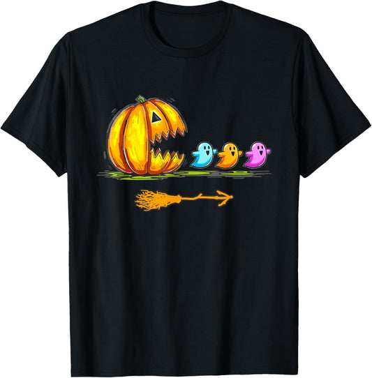 Pumpkin Eating Ghost Gamer Halloween Gaming Boys Teen Kids T-Shirt - T-Shirt | Black