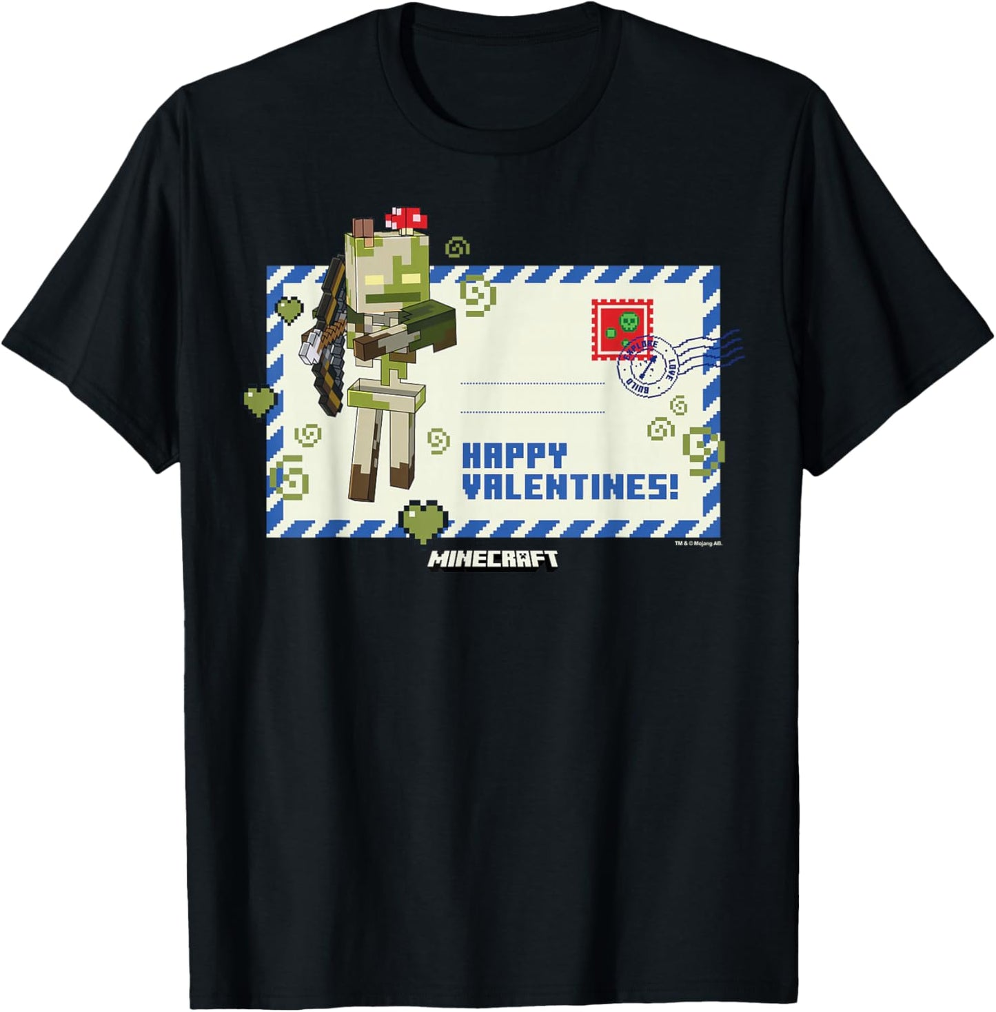 Minecraft Valentine's Day Happy Valentines! Letter Skeleton T-Shirt - T-Shirt | Black
