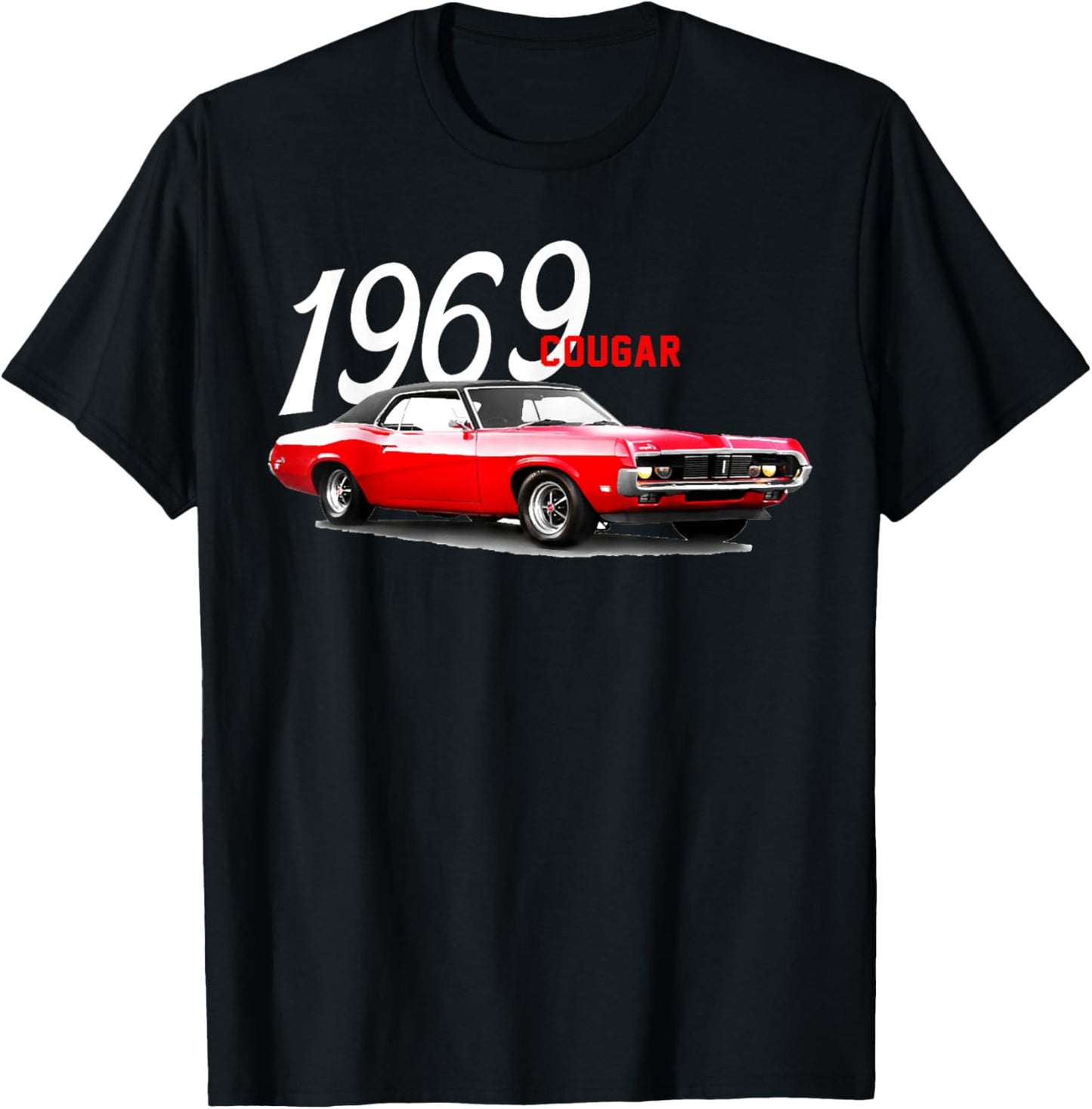 1969 69 Mercury Cougar Red Classic Vintage Old Car USA Flag T-Shirt - T-Shirt | Black