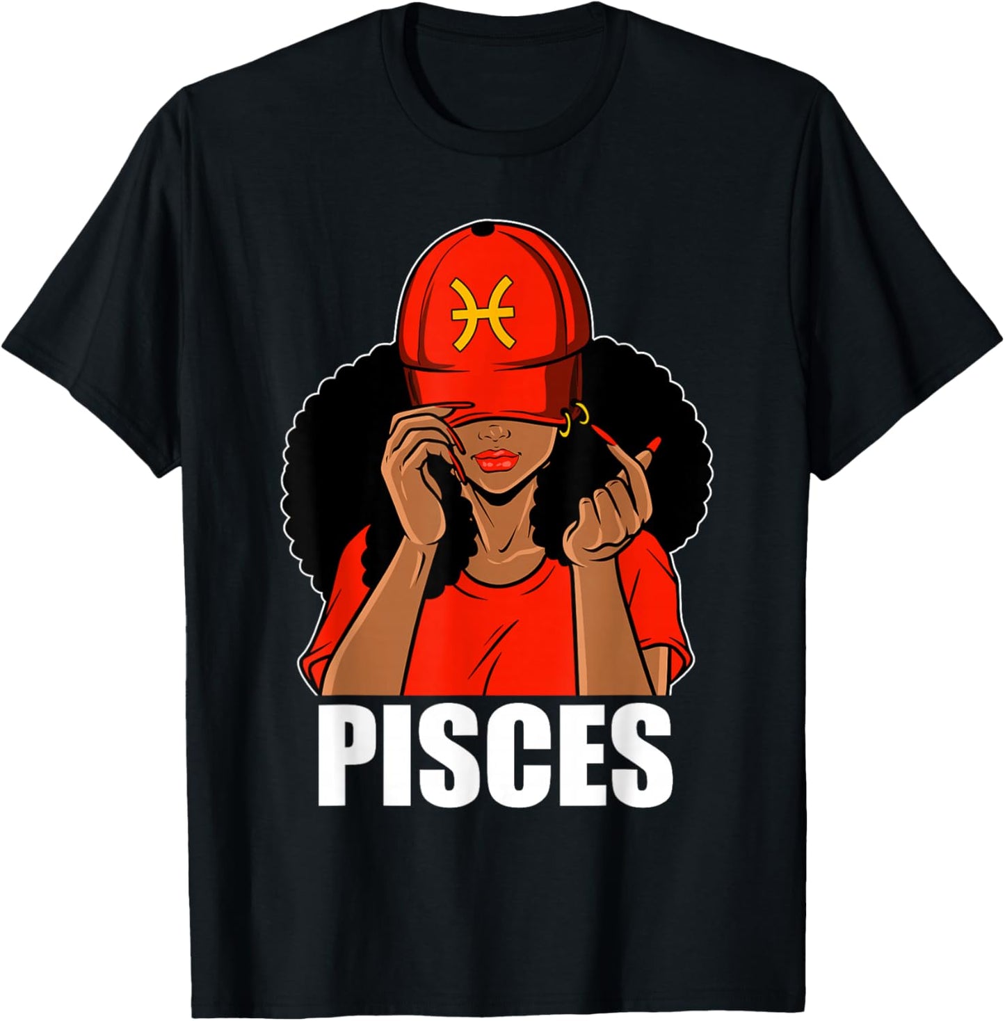 Pisces Black Girl Red Cap Afro Woman Black Queen T-Shirt - T-Shirt | Black