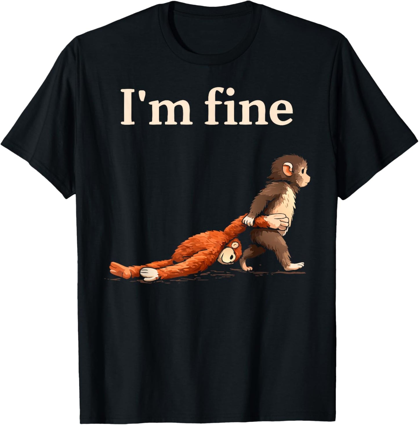 Sad Monkey Punch Meme with an Orange Toy I'm Fine T-Shirt - T-Shirt | Black