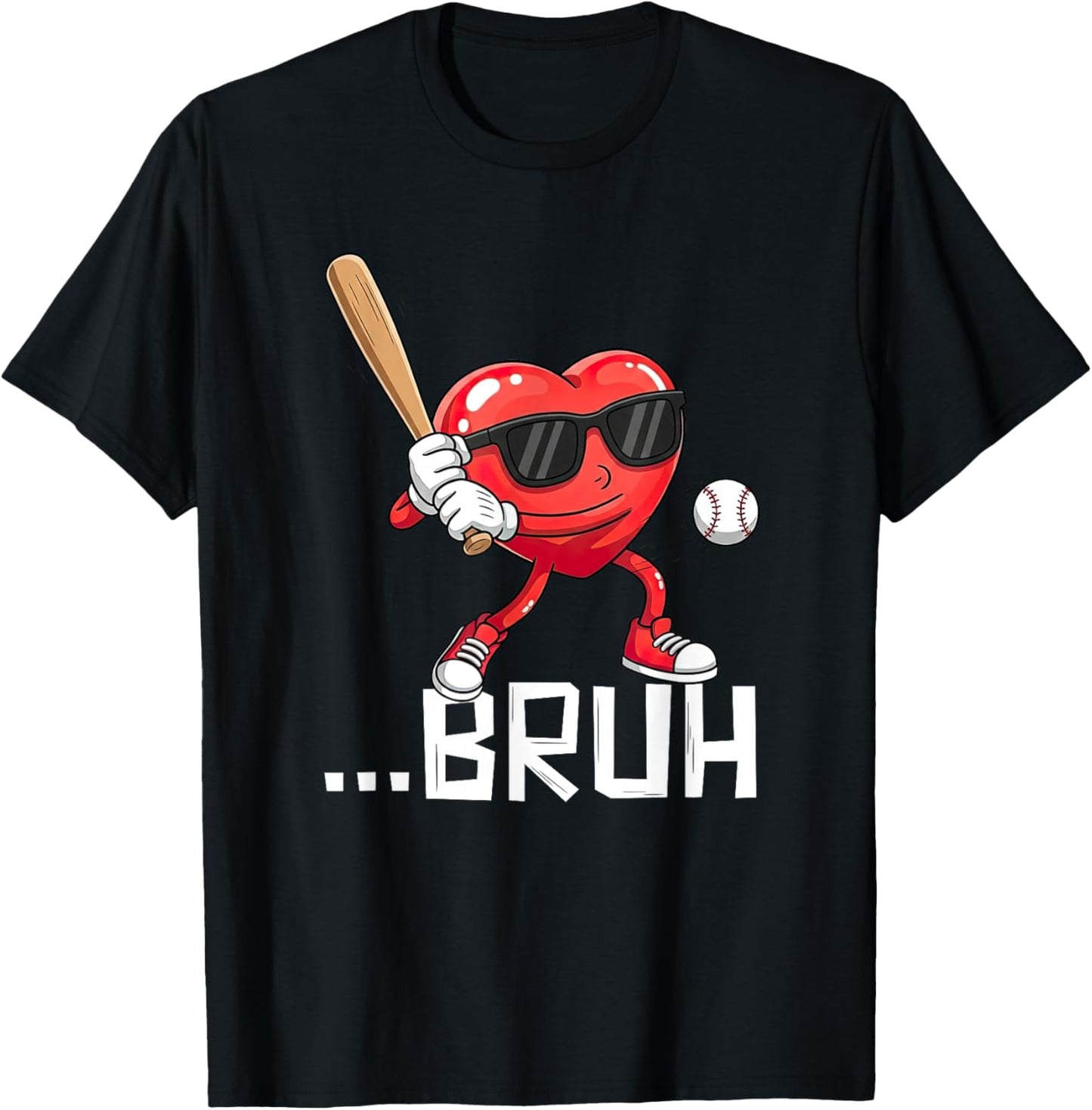 Valentines Bruh Red Heart Playing Baseball Men Boys Kids T-Shirt - T-Shirt | Black