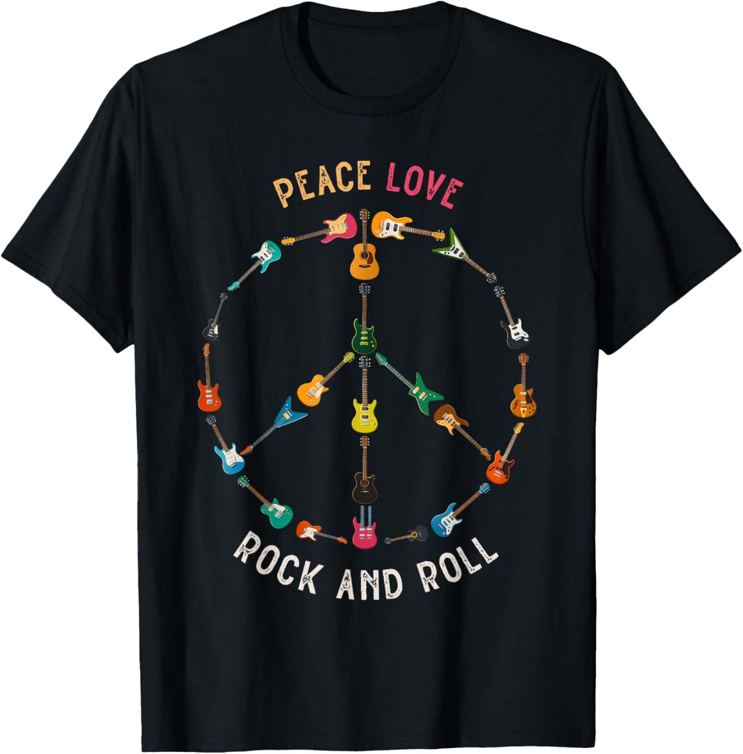 Peace Love Rock and Roll Guitars Music Rock Hippie Vintage T-Shirt - T-Shirt | Black