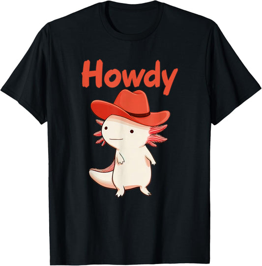 Howdy Axolotl Cowboy Cute Western Red Hat Salamander Country T-Shirt - T-Shirt | Black