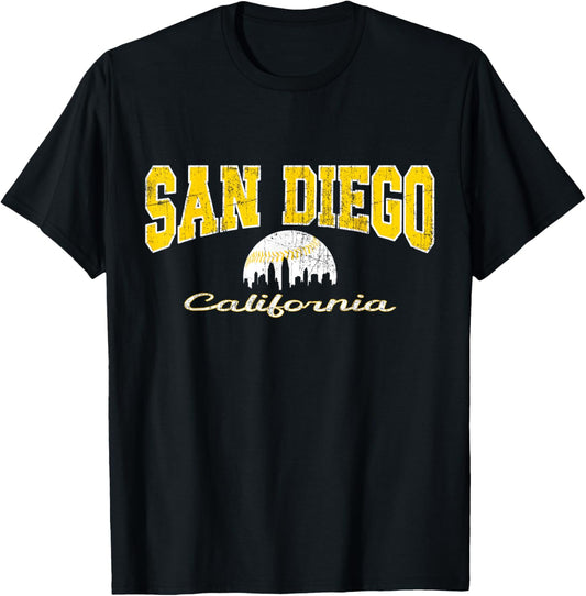 Retro San Diego City Baseball Skyline T-Shirt - T-Shirt | Black