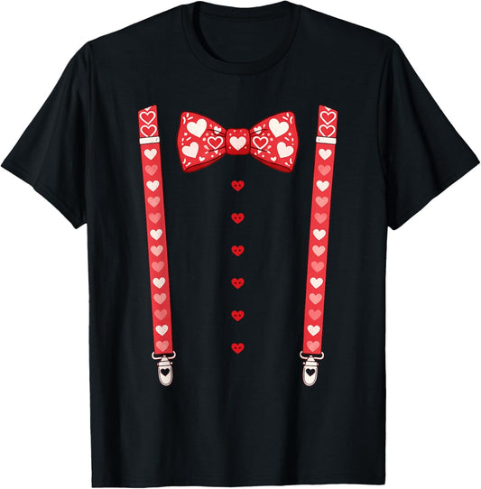 Hearts Bow Tie Suspenders Valentines Day for Kids Boys Girls T-Shirt - T-Shirt | Black