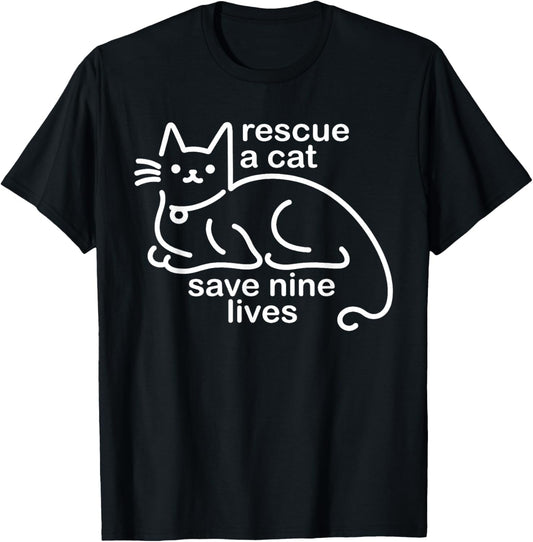 Rescue A Cat Save Nine Lives Japanese Cat Lover Quote T-Shirt - T-Shirt | Black