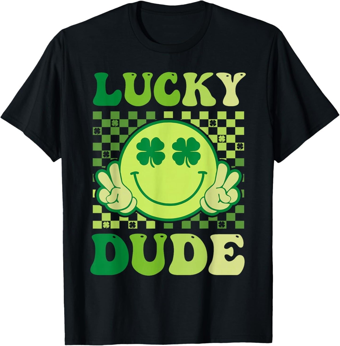 Lucky Dude Retro Groovy Smile Face Shamrock St Patricks Day T-Shirt - T-Shirt | Black