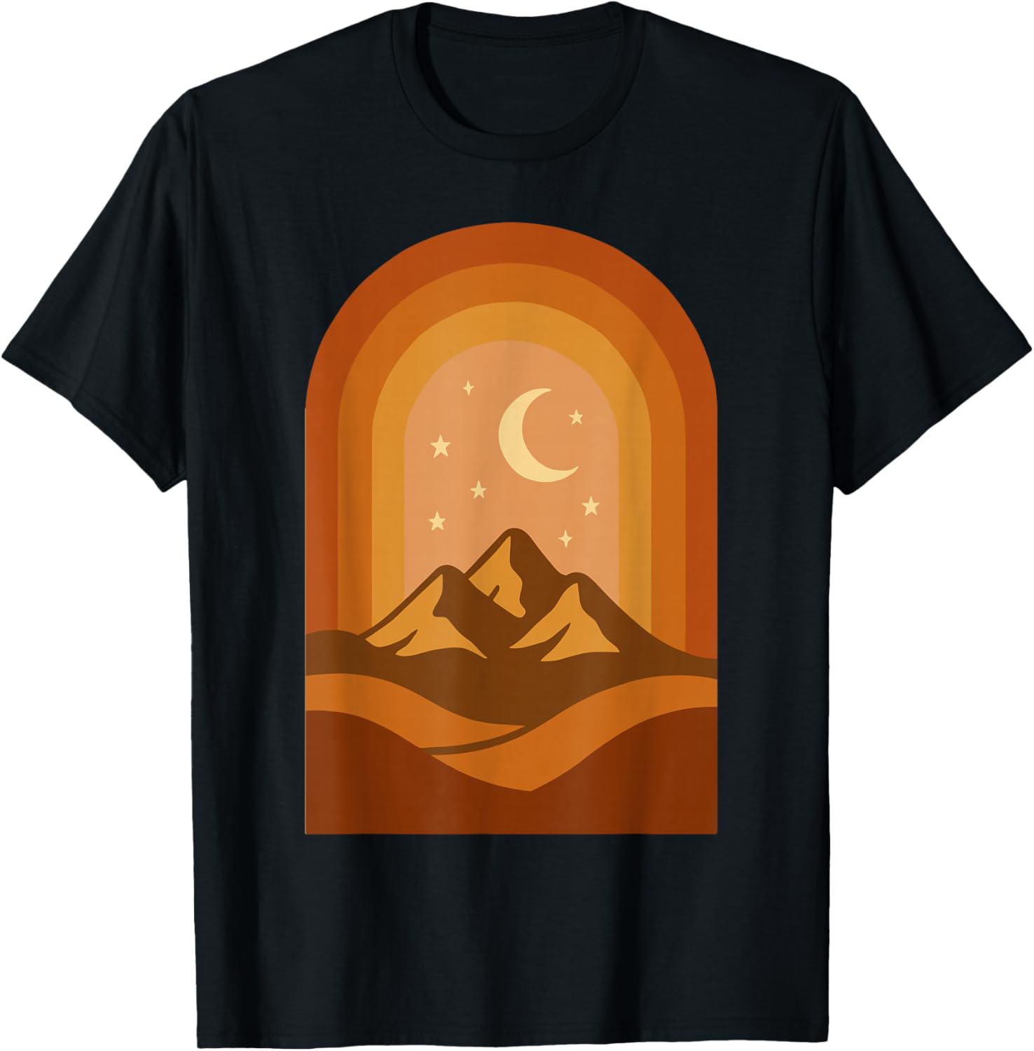 Retro Desert Mountains with Crescent Moon and Stars T-Shirt - T-Shirt | Black