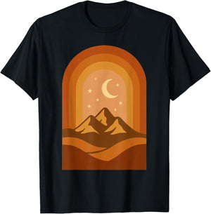Retro Desert Mountains with Crescent Moon and Stars T-Shirt - T-Shirt | Black
