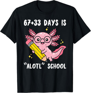 67+33 Days is Alotl School Axolotl 100 Days of School Kids T-Shirt - T-Shirt | Black