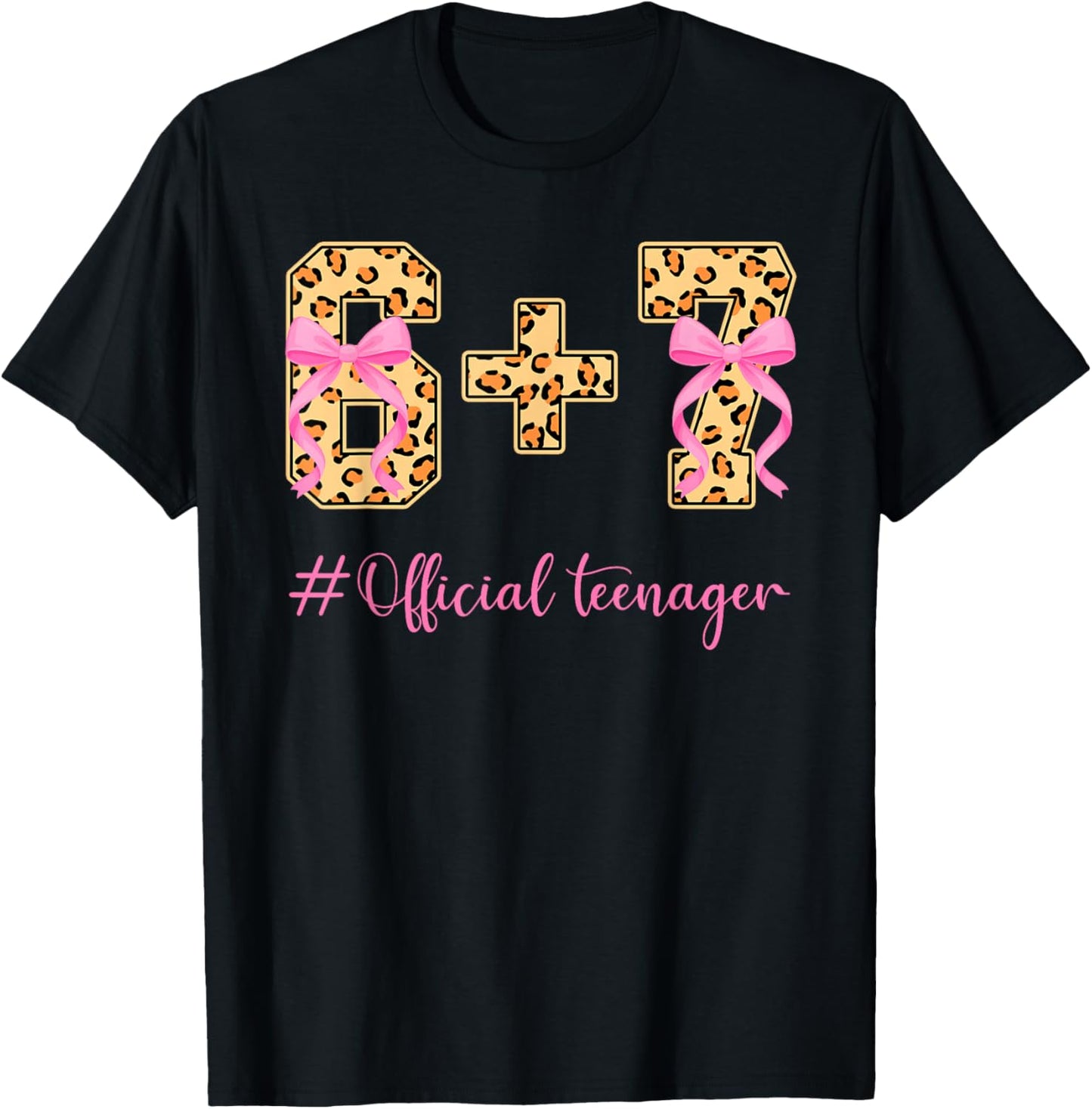 13th Birthday Girl Pink Coquette Bow Leopard 6+7 Year Old T-Shirt - T-Shirt | Black