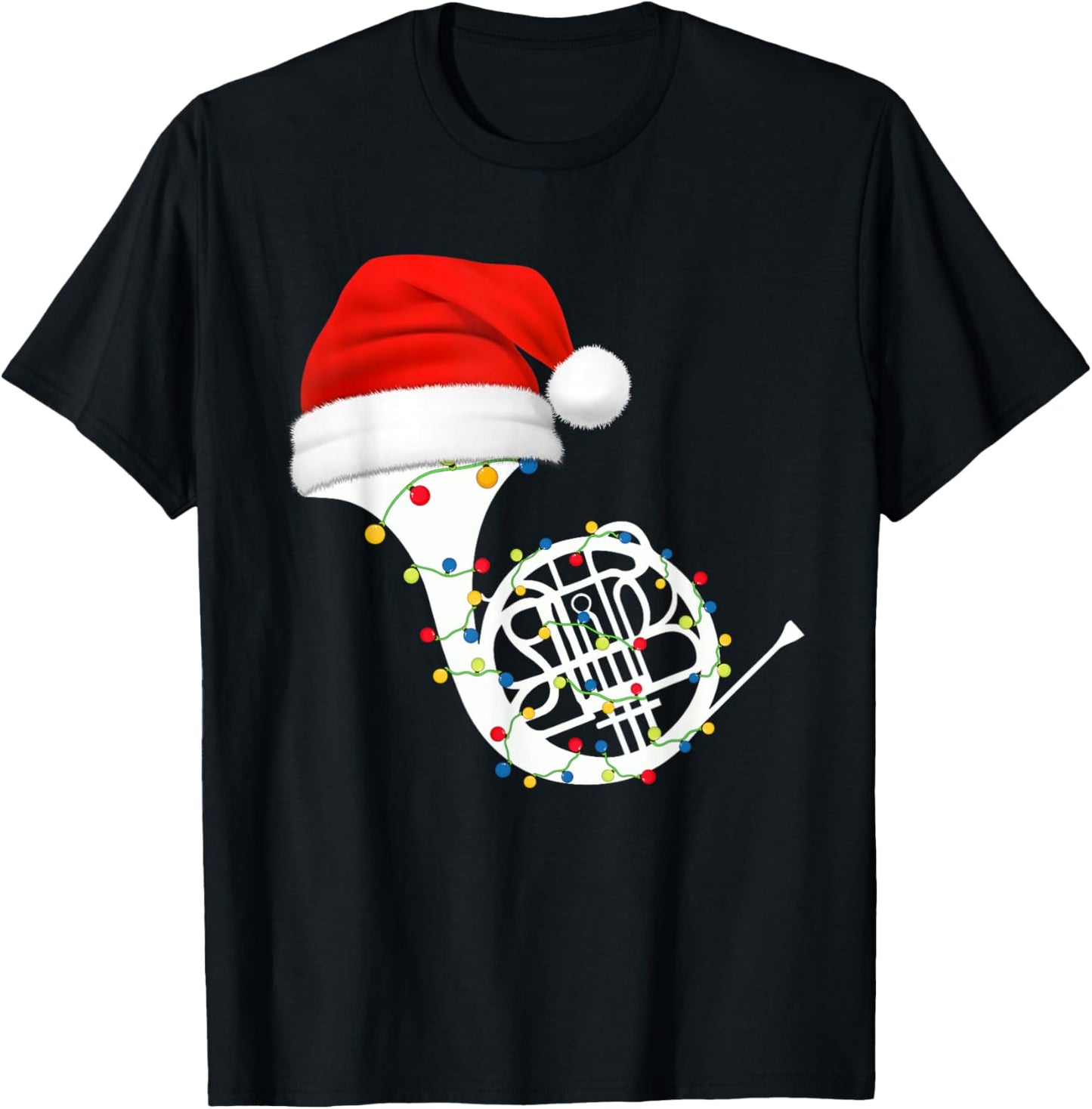 French Horn Christmas Santa Hat Lights Music Lover Xmas T-Shirt - T-Shirt | Black