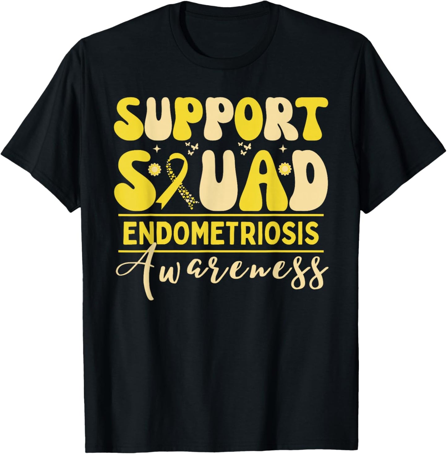 Support Squad Endometriosis Awareness Heart Yellow Ribbon T-Shirt - T-Shirt | Black