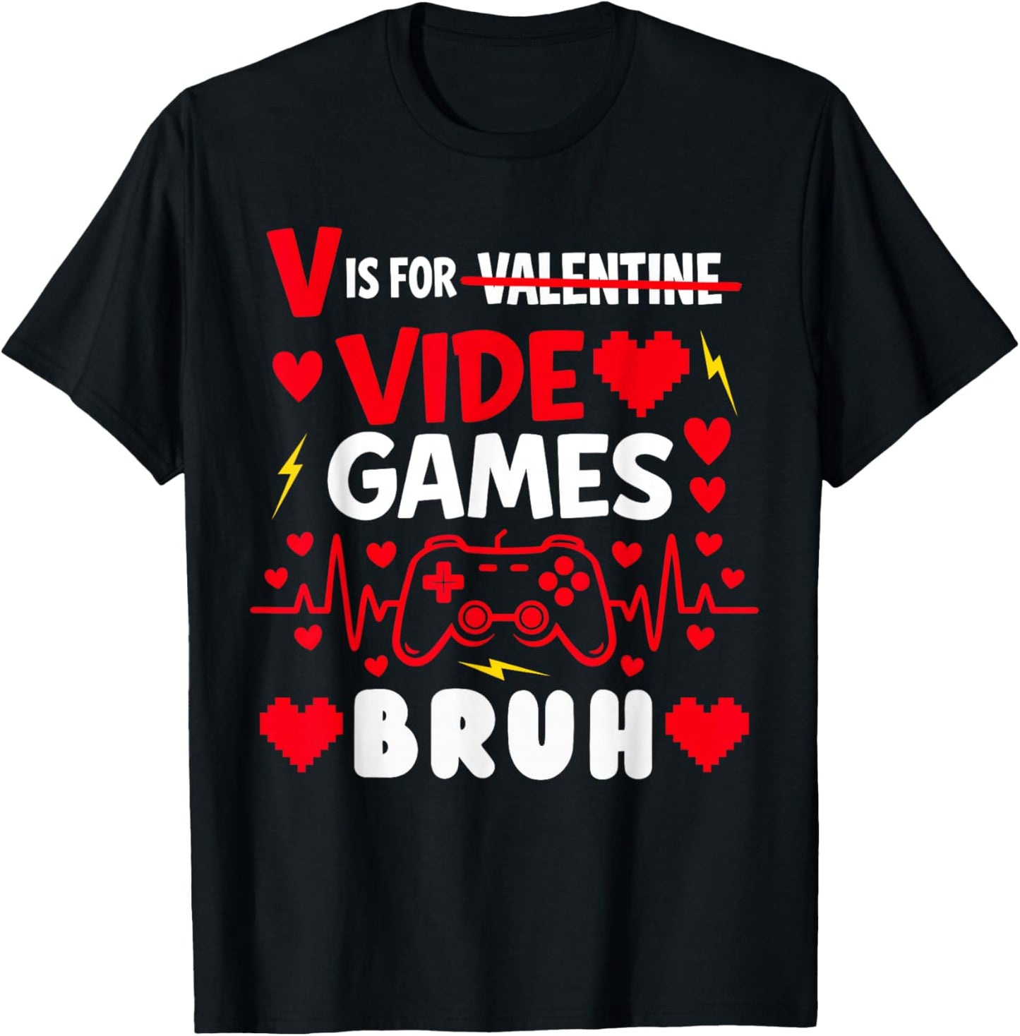 V is for Video Games for Boy Men Kid Funny Gamer Valentines T-Shirt - T-Shirt | Black