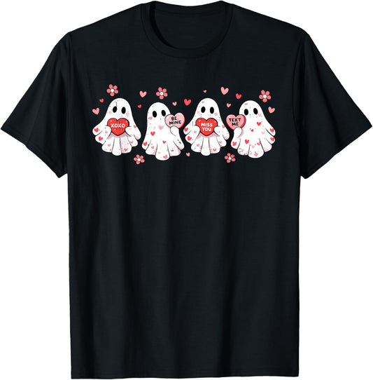 Cute Ghost Love Hearts Valentines Day Teens Girls T-Shirt - T-Shirt | Black