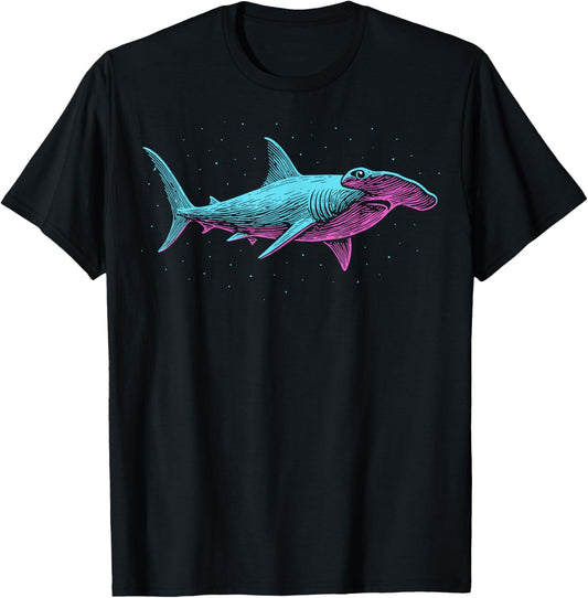 Hammerhead Shark Illustration Colorful Diving Line Art T-Shirt - T-Shirt | Black