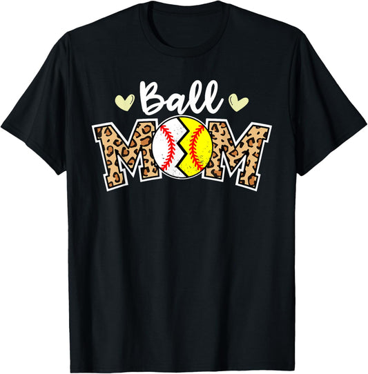 Ball Mom Leopard Funny Baseball Softball Player Mom T-Shirt - T-Shirt | Black